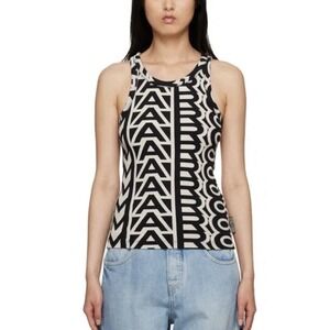 Marc Jacobs Monogram Ribbed Tank Top Black Beige XS Preppy Vacation Luxury